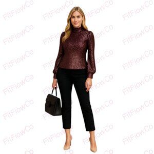 🎄 Holiday Sparkle Top | Cable & Gauge Burgundy Sequin Mock Neck Blouse – Size M